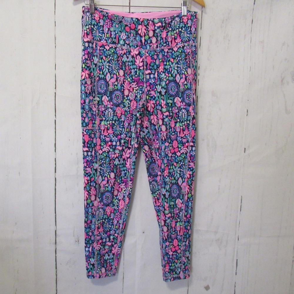 Lilly Pulitzer Luxletic Leggings L Blue Floral Flamingo Weekender High Rise